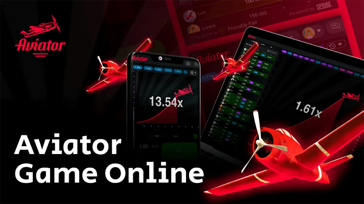 The image showcases the Aviator game online, with visuals of the game's interface on both mobile and desktop. It features planes with glowing red effects, a 13.54x multiplier on the mobile screen, and a 1.61x multiplier on the desktop. The game display shows bet options, player lists, and the betting interface.